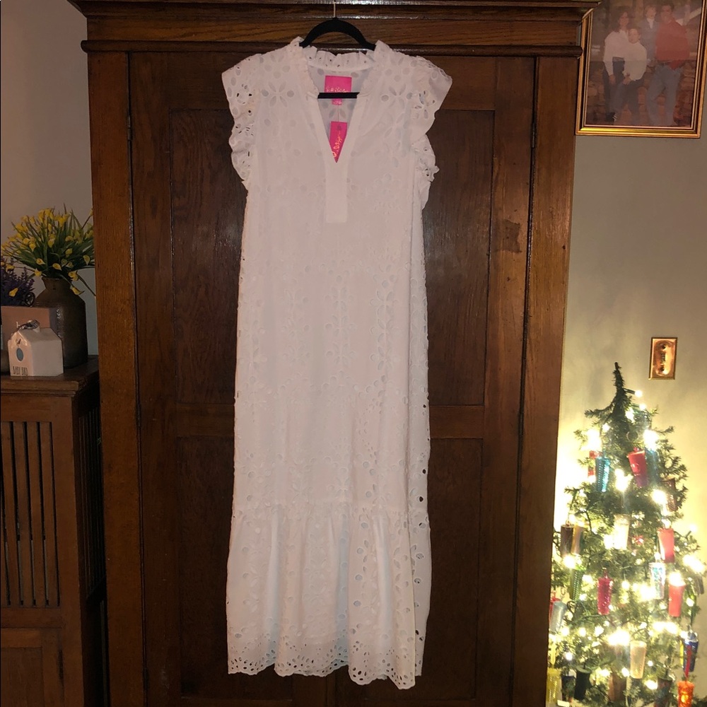 Lilly Pulitzer Kilaude Ruffle Sleeve Eyelet Midi Dress Resort White Soiree Sz 6